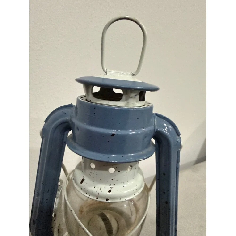 Antique Vintage Clear Glass Metal Kerosene Lamp Lantern Blue Indoor Outdoor Rare